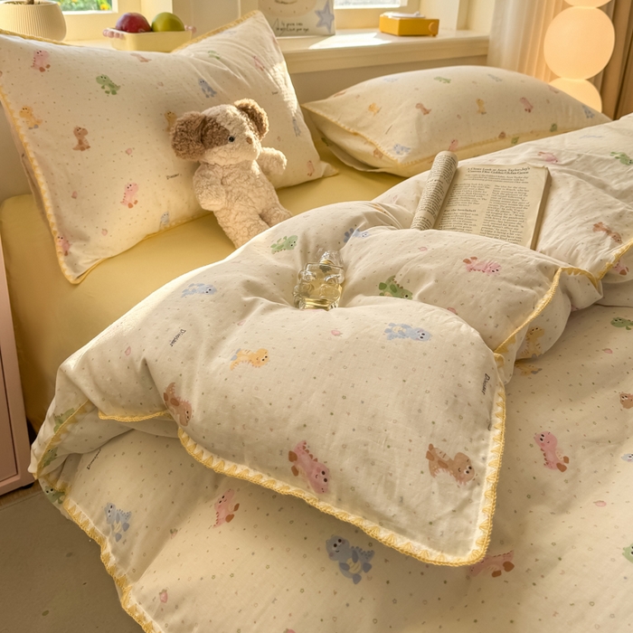 对白 2026新款A类全棉纯棉有氧双层纱贝壳边三角针单被套被套单件 七彩小恐龙