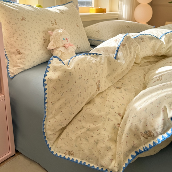 91家纺网 家纺一手货源 找家纺 对白 2026新款A类全棉纯棉有氧双层纱贝壳边三角针单被套被套单件 疏影