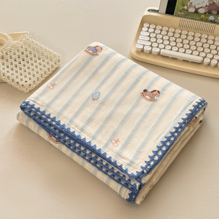 91家纺网 家纺一手货源 找家纺 对白 2026新款A类全棉纯棉有氧双层纱贝壳边三角针单被套被套单件 摇摇马