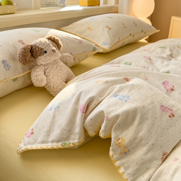 91家纺网 家纺一手货源 找家纺 对白 2026新款A类全棉纯棉有氧双层纱贝壳边三角针单被套被套单件 七彩小恐龙