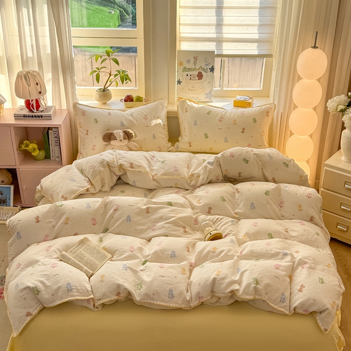 91家纺网 家纺一手货源 找家纺 对白 2026新款A类全棉纯棉有氧双层纱贝壳边三角针单被套被套单件 七彩小恐龙