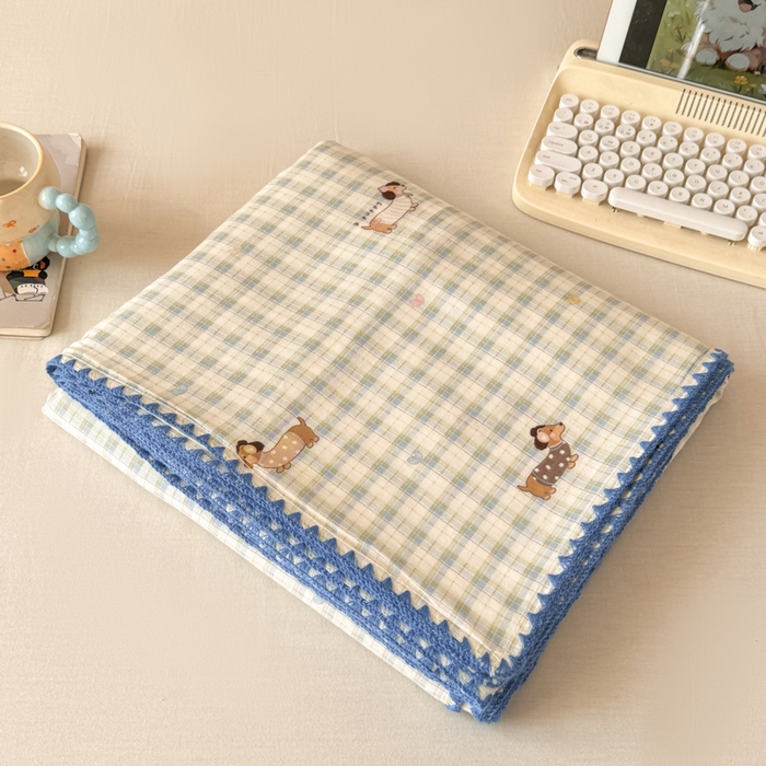 91家纺网 家纺一手货源 找家纺 对白 2026新款A类全棉纯棉有氧双层纱贝壳边三角针单被套被套单件 方格小狗