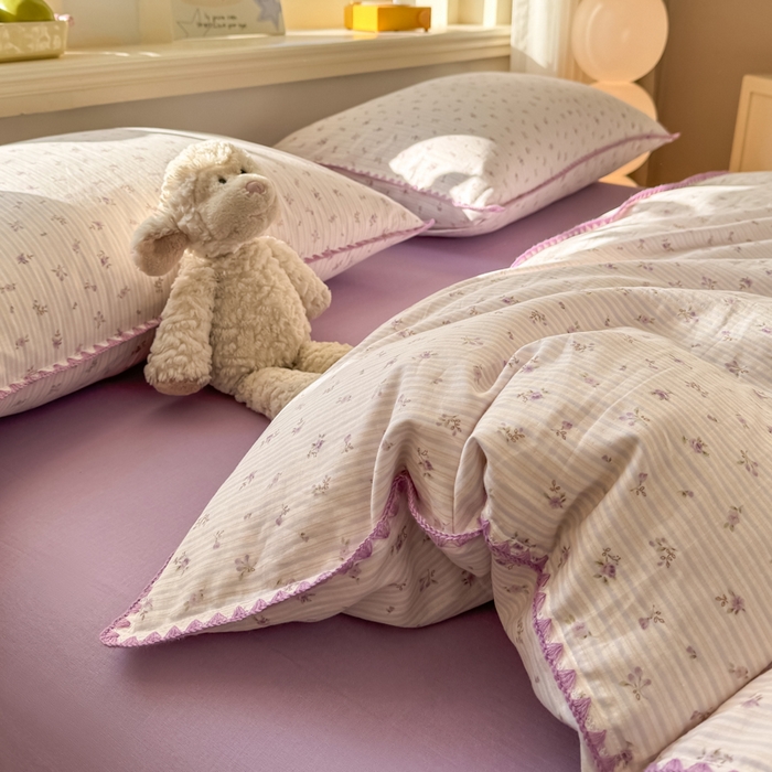 91家纺网 家纺一手货源 找家纺 对白 2026新款A类全棉纯棉有氧双层纱贝壳边三角针单被套被套单件 花颜-紫