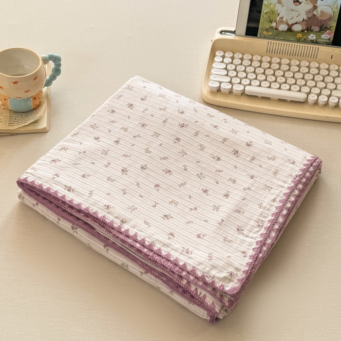 91家纺网 家纺一手货源 找家纺 对白 2026新款A类全棉纯棉有氧双层纱贝壳边三角针单被套被套单件 花颜-紫