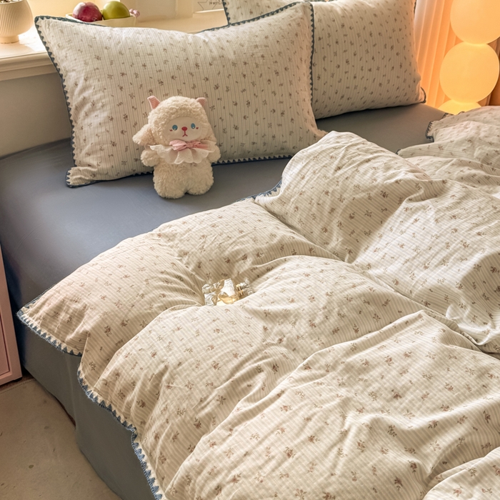 91家纺网 家纺一手货源 找家纺 对白 2026新款A类全棉纯棉有氧双层纱贝壳边三角针单被套被套单件 花颜-蓝