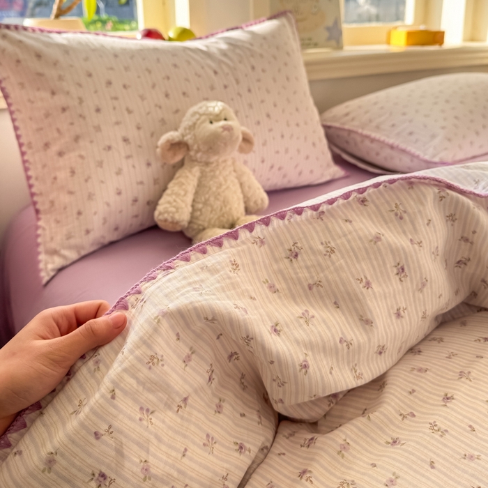 91家纺网 家纺一手货源 找家纺 对白 2026新款A类全棉纯棉有氧双层纱贝壳边三角针单被套被套单件 花颜-紫
