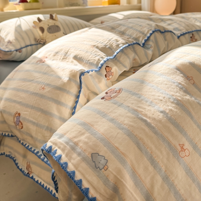 91家纺网 家纺一手货源 找家纺 对白 2026新款A类全棉纯棉有氧双层纱贝壳边三角针单被套被套单件 摇摇马