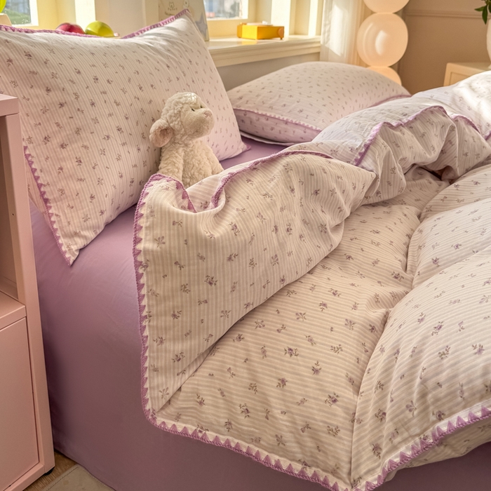 91家纺网 家纺一手货源 找家纺 对白 2026新款A类全棉纯棉有氧双层纱贝壳边三角针单被套被套单件 花颜-紫