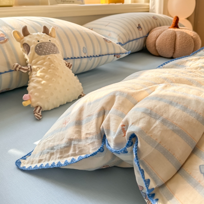 91家纺网 家纺一手货源 找家纺 对白 2026新款A类全棉纯棉有氧双层纱贝壳边三角针单被套被套单件 摇摇马