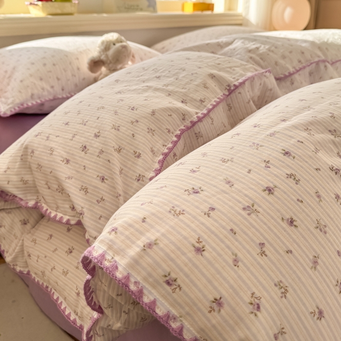 91家纺网 家纺一手货源 找家纺 对白 2026新款A类全棉纯棉有氧双层纱贝壳边三角针单被套被套单件 花颜-紫