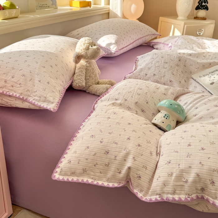 91家纺网 家纺一手货源 找家纺 对白 2026新款A类全棉纯棉有氧双层纱贝壳边三角针单被套被套单件 花颜-紫
