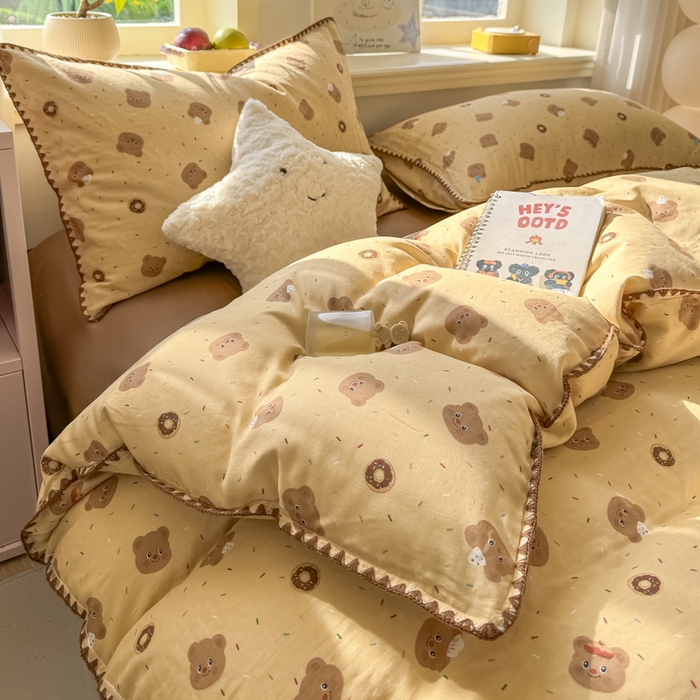 对白 2026新款A类全棉纯棉有氧双层纱贝壳边三角针单被套被套单件 小熊奶盖