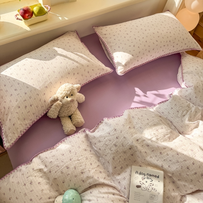 91家纺网 家纺一手货源 找家纺 对白 2026新款A类全棉纯棉有氧双层纱贝壳边三角针单被套被套单件 花颜-紫