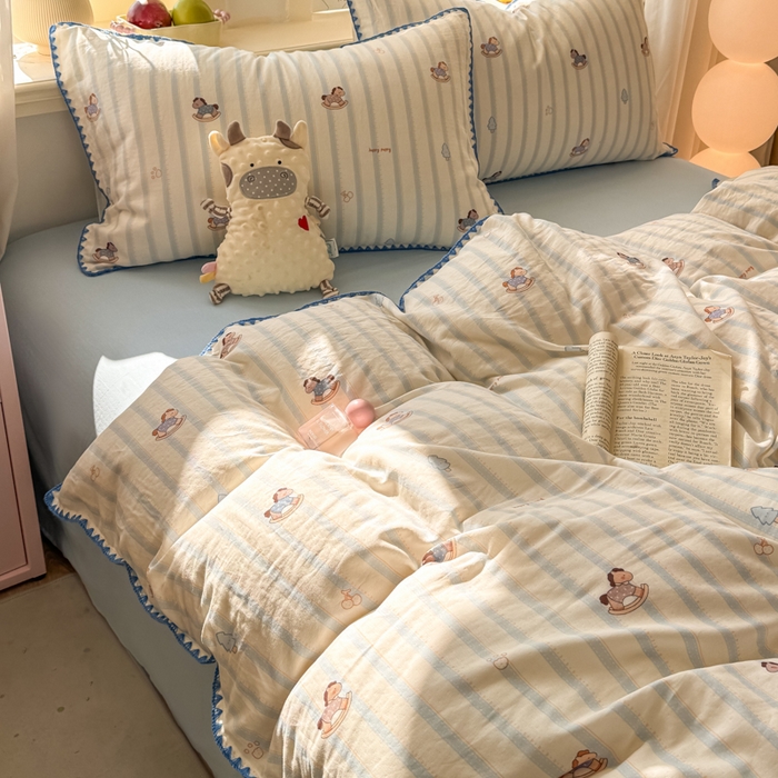 91家纺网 家纺一手货源 找家纺 对白 2026新款A类全棉纯棉有氧双层纱贝壳边三角针单被套被套单件 摇摇马