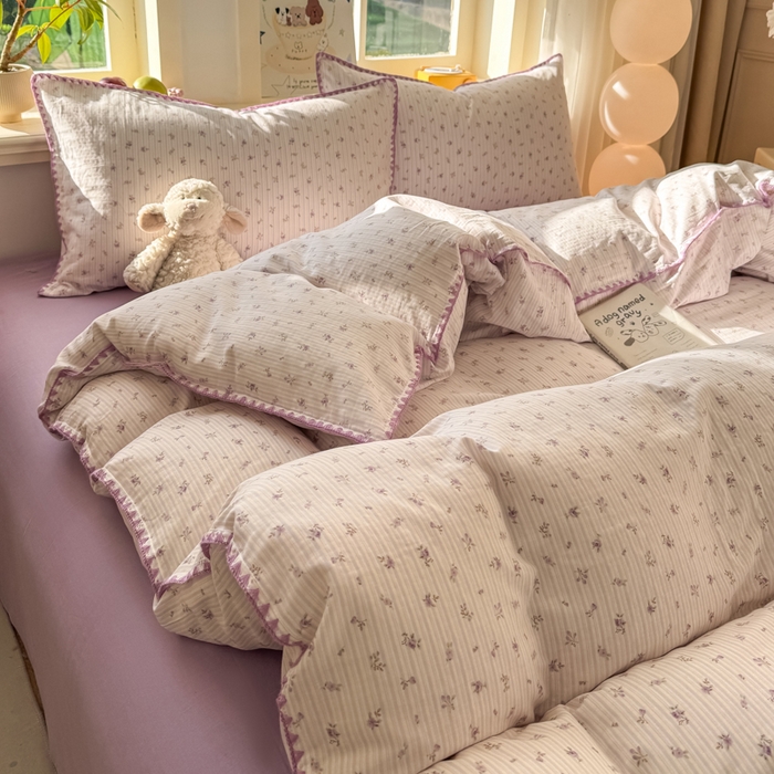 91家纺网 家纺一手货源 找家纺 对白 2026新款A类全棉纯棉有氧双层纱贝壳边三角针单被套被套单件 花颜-紫