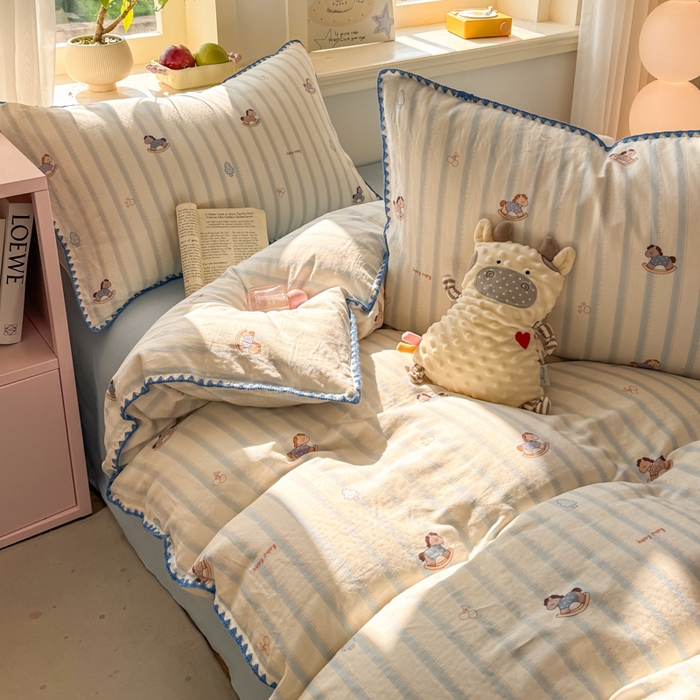 91家纺网 家纺一手货源 找家纺 对白 2026新款A类全棉纯棉有氧双层纱贝壳边三角针单被套被套单件 摇摇马