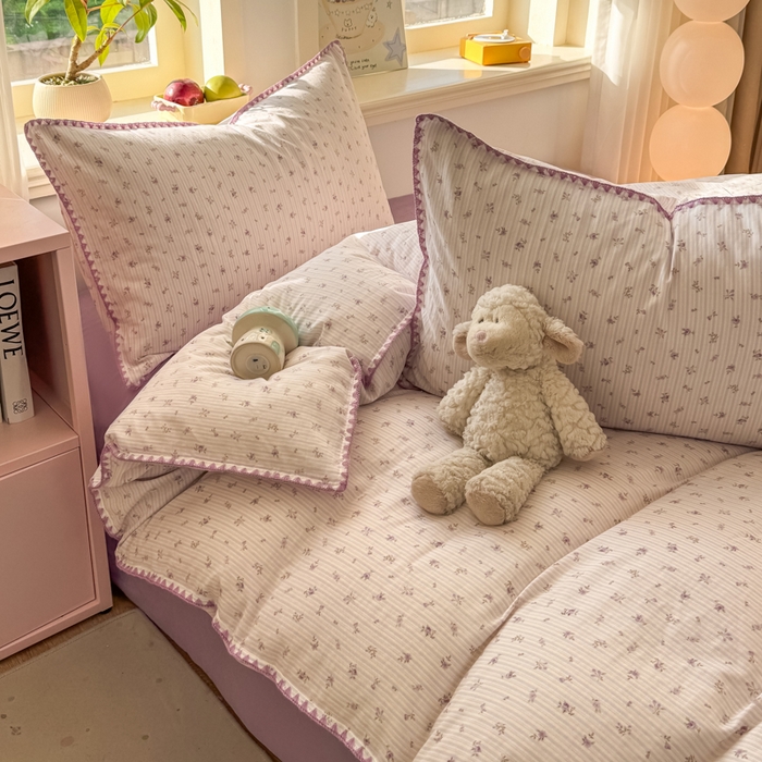 91家纺网 家纺一手货源 找家纺 对白 2026新款A类全棉纯棉有氧双层纱贝壳边三角针单被套被套单件 花颜-紫