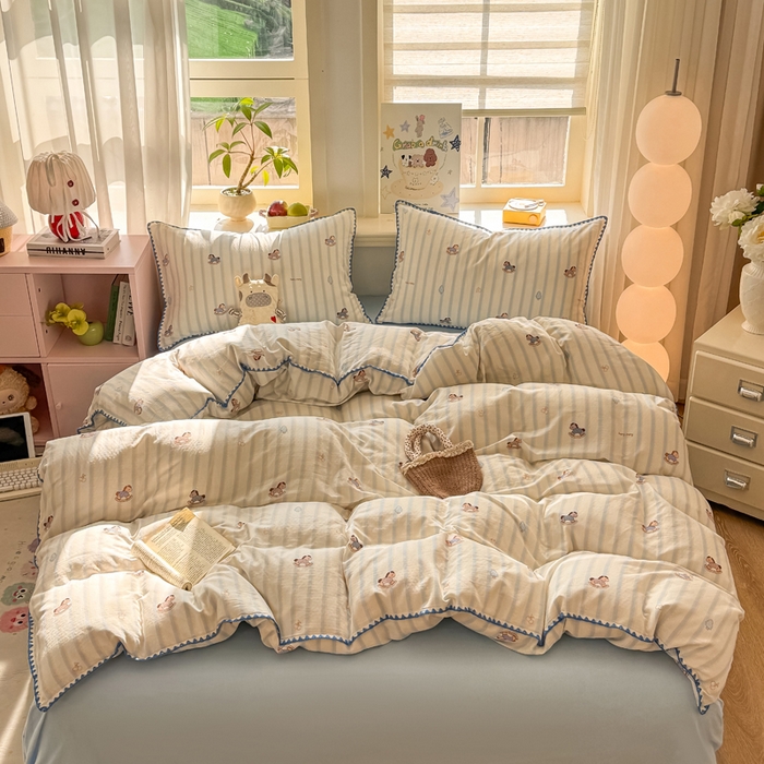 91家纺网 家纺一手货源 找家纺 对白 2026新款A类全棉纯棉有氧双层纱贝壳边三角针单被套被套单件 摇摇马