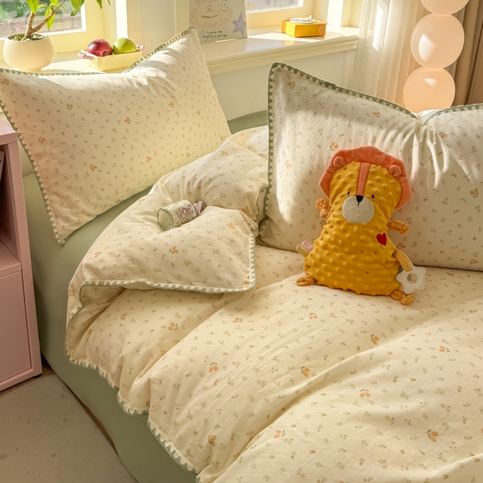 91家纺网 家纺一手货源 找家纺 对白 2026新款A类全棉纯棉有氧双层纱贝壳边三角针单被套被套单件 柠栀