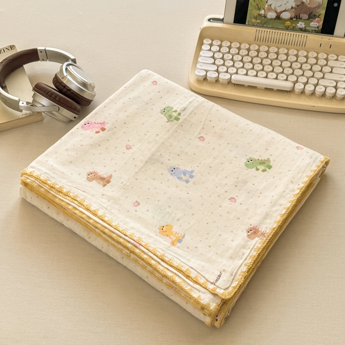 91家纺网 家纺一手货源 找家纺 对白 2026新款A类全棉纯棉有氧双层纱贝壳边三角针单被套被套单件 七彩小恐龙