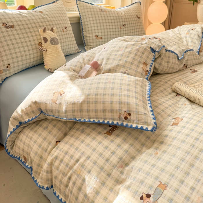 对白 2026新款A类全棉纯棉有氧双层纱贝壳边三角针单被套被套单件 方格小狗