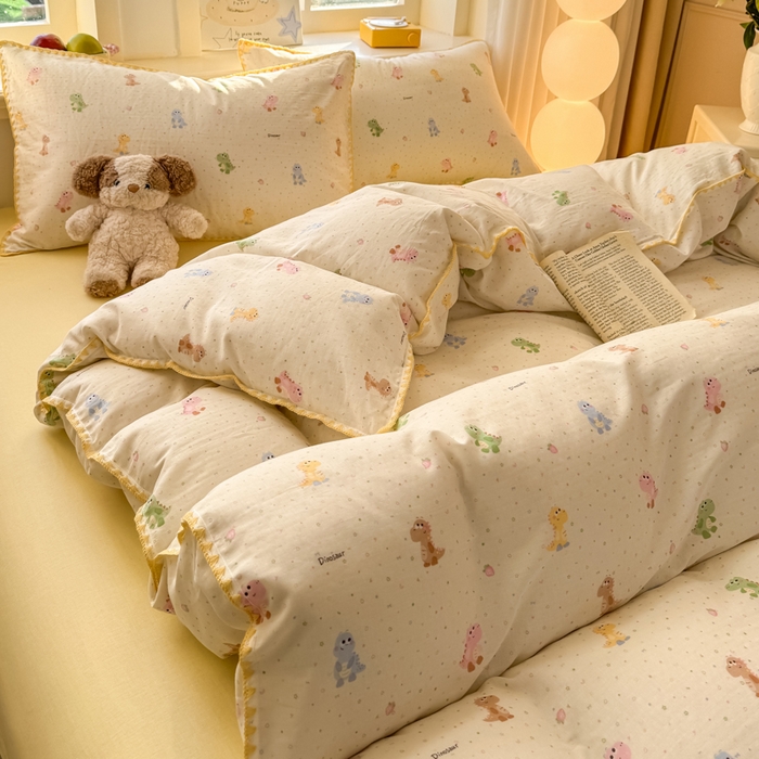 91家纺网 家纺一手货源 找家纺 对白 2026新款A类全棉纯棉有氧双层纱贝壳边三角针单被套被套单件 七彩小恐龙