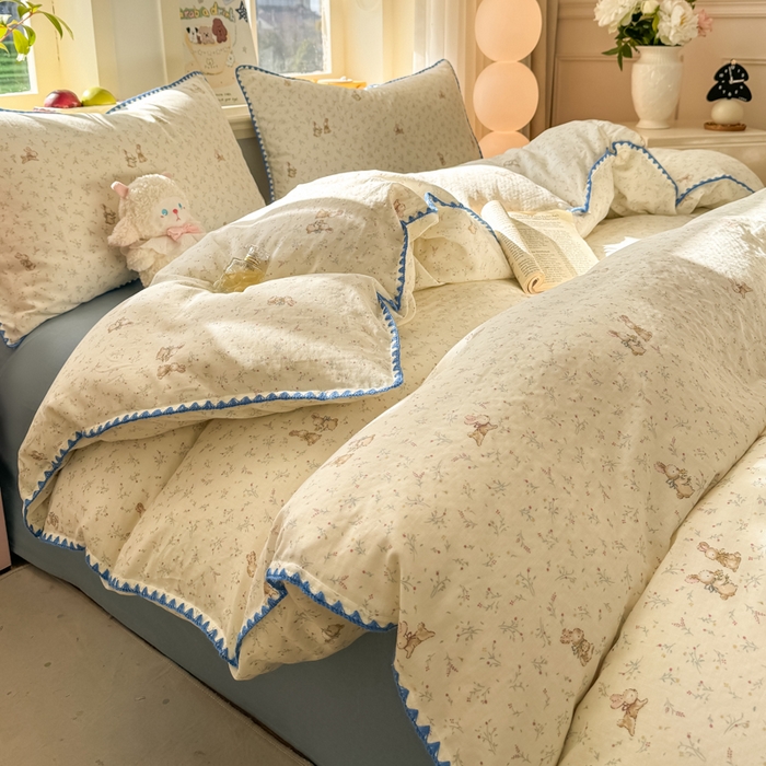 91家纺网 家纺一手货源 找家纺 （总）对白 2026新款A类全棉纯棉有氧双层纱贝壳边三角针四件套