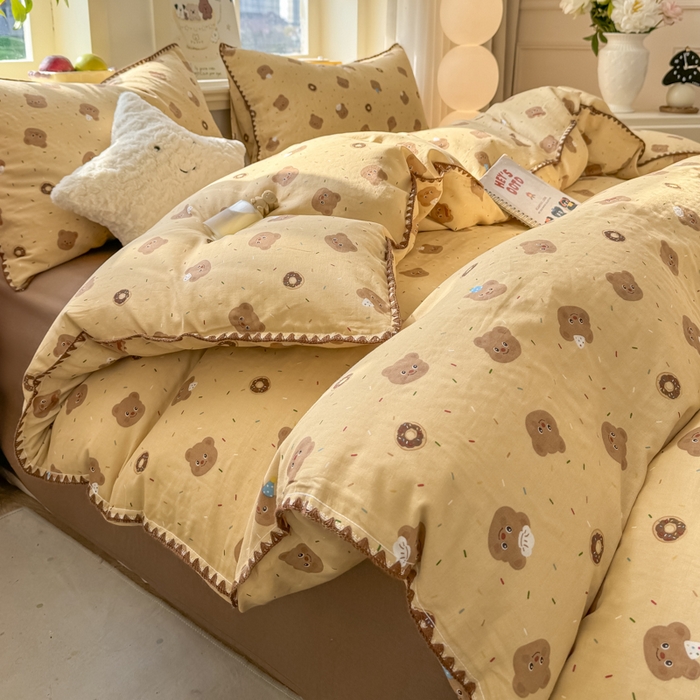 对白 2026新款A类全棉纯棉有氧双层纱贝壳边三角针四件套 小熊奶盖
