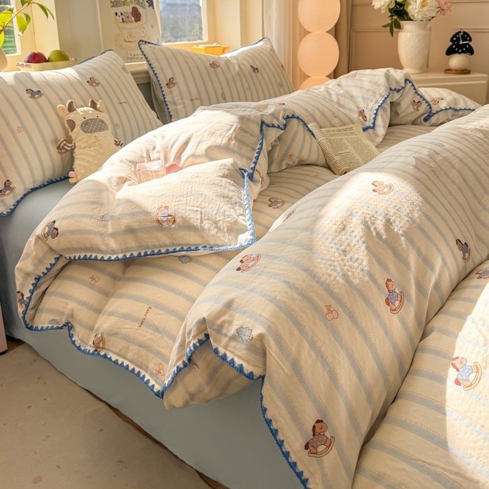 对白 2026新款A类全棉纯棉有氧双层纱贝壳边三角针四件套 摇摇马