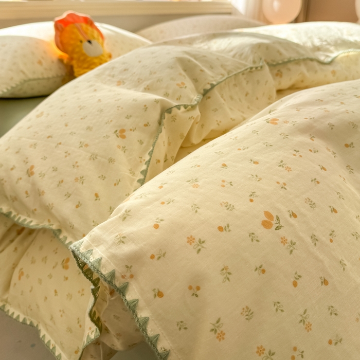 91家纺网 家纺一手货源 找家纺 对白 2026新款A类全棉纯棉有氧双层纱贝壳边三角针四件套 柠栀