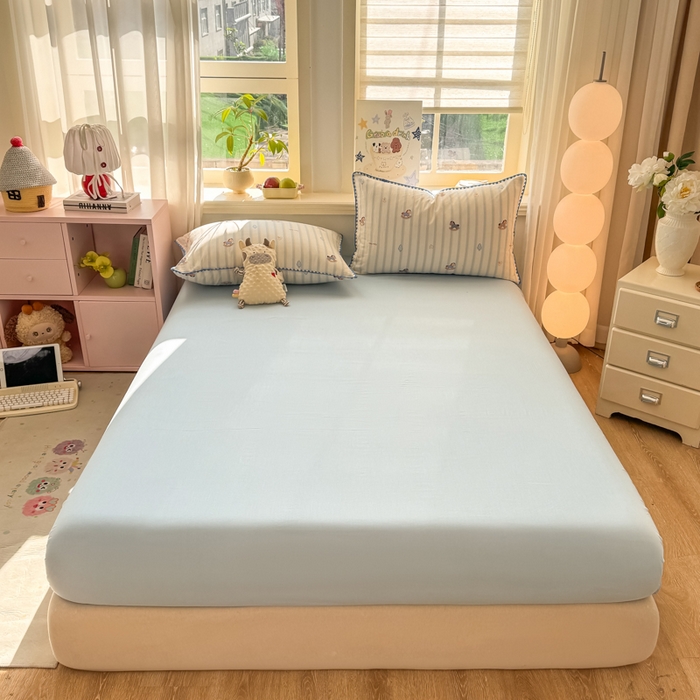 91家纺网 家纺一手货源 找家纺 对白 2026新款A类全棉纯棉有氧双层纱贝壳边三角针四件套 摇摇马