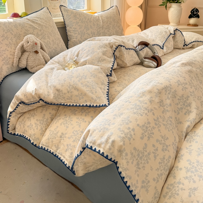 对白 2026新款A类全棉纯棉有氧双层纱贝壳边三角针四件套 清白之年