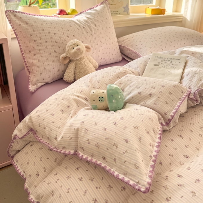 91家纺网 家纺一手货源 找家纺 对白 2026新款A类全棉纯棉有氧双层纱贝壳边三角针四件套 花颜-紫