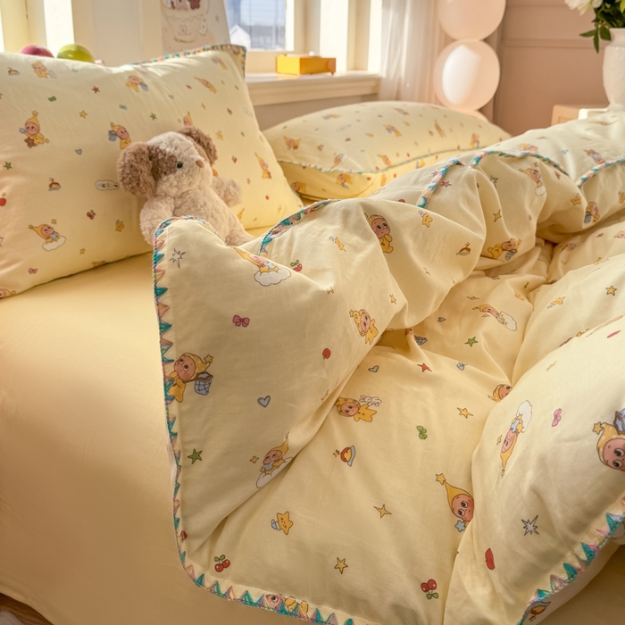 91家纺网 家纺一手货源 找家纺 对白 2026新款A类全棉纯棉有氧双层纱贝壳边三角针四件套 星星人