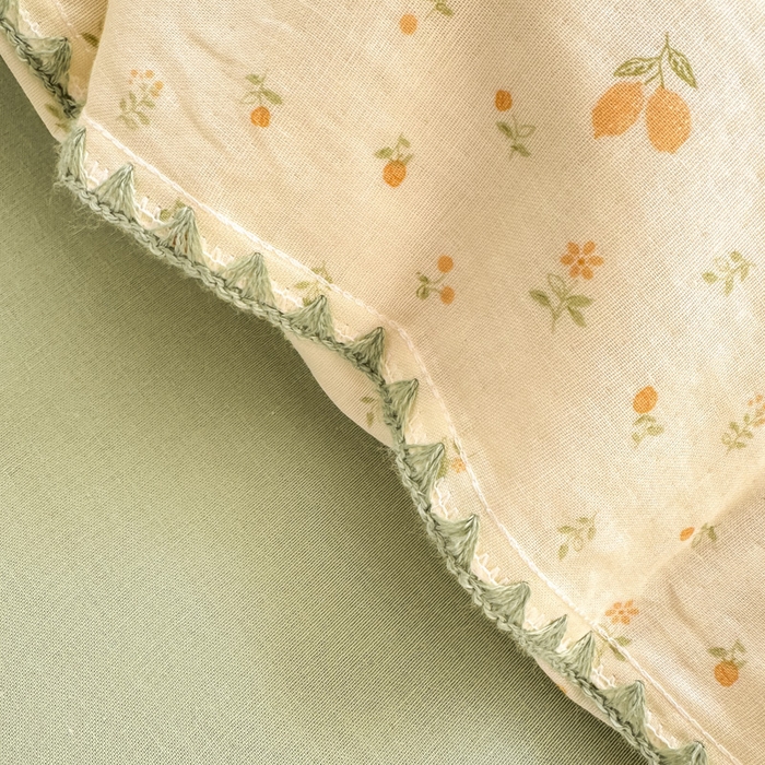 91家纺网 家纺一手货源 找家纺 对白 2026新款A类全棉纯棉有氧双层纱贝壳边三角针四件套 柠栀