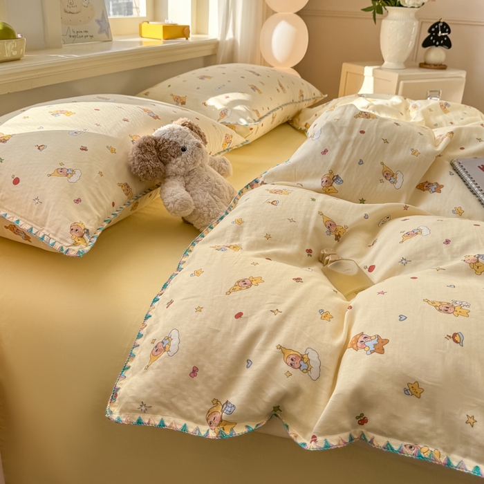 91家纺网 家纺一手货源 找家纺 对白 2026新款A类全棉纯棉有氧双层纱贝壳边三角针四件套 星星人