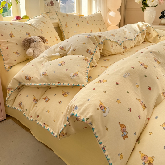 91家纺网 家纺一手货源 找家纺 对白 2026新款A类全棉纯棉有氧双层纱贝壳边三角针四件套 星星人