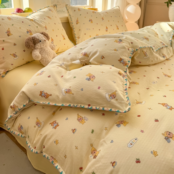 91家纺网 家纺一手货源 找家纺 对白 2026新款A类全棉纯棉有氧双层纱贝壳边三角针四件套 星星人