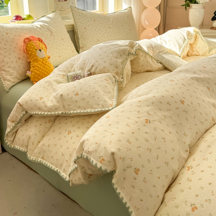 91家纺网 家纺一手货源 找家纺 对白 2026新款A类全棉纯棉有氧双层纱贝壳边三角针四件套 柠栀