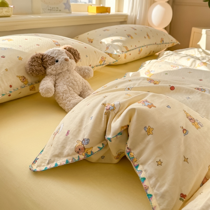 91家纺网 家纺一手货源 找家纺 对白 2026新款A类全棉纯棉有氧双层纱贝壳边三角针四件套 星星人