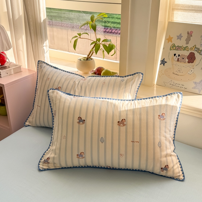 91家纺网 家纺一手货源 找家纺 对白 2026新款A类全棉纯棉有氧双层纱贝壳边三角针四件套 摇摇马