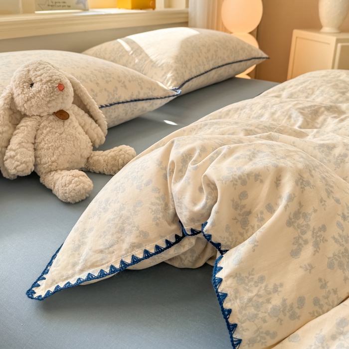 91家纺网 家纺一手货源 找家纺 对白 2026新款A类全棉纯棉有氧双层纱贝壳边三角针四件套 清白之年