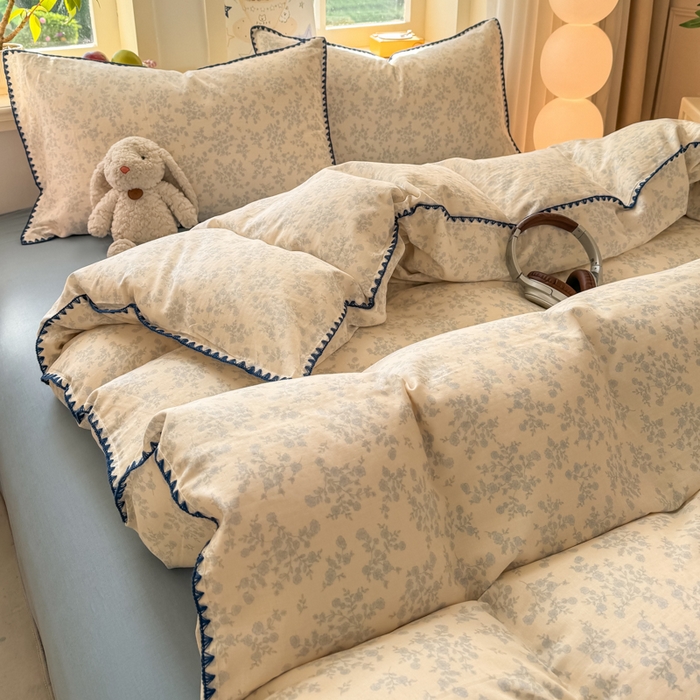 91家纺网 家纺一手货源 找家纺 对白 2026新款A类全棉纯棉有氧双层纱贝壳边三角针四件套 清白之年