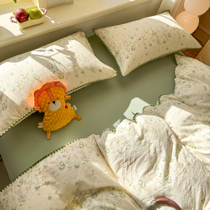 91家纺网 家纺一手货源 找家纺 对白 2026新款A类全棉纯棉有氧双层纱贝壳边三角针四件套 盛夏