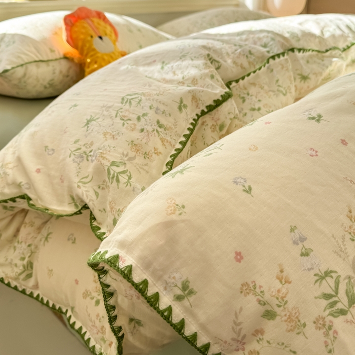 91家纺网 家纺一手货源 找家纺 对白 2026新款A类全棉纯棉有氧双层纱贝壳边三角针四件套 盛夏