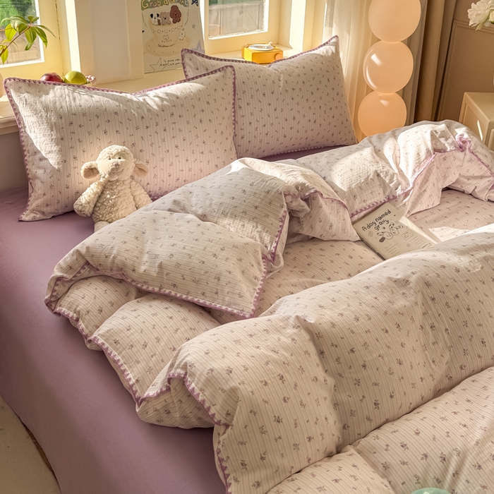 91家纺网 家纺一手货源 找家纺 对白 2026新款A类全棉纯棉有氧双层纱贝壳边三角针四件套 花颜-紫