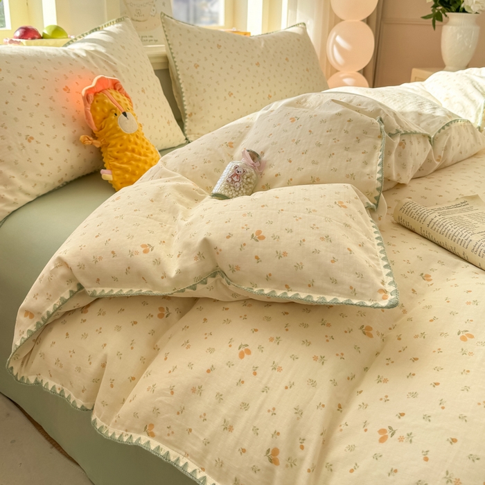 91家纺网 家纺一手货源 找家纺 对白 2026新款A类全棉纯棉有氧双层纱贝壳边三角针四件套 柠栀