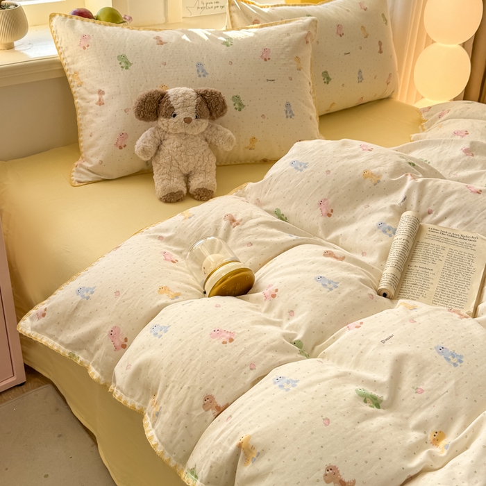 91家纺网 家纺一手货源 找家纺 对白 2026新款A类全棉纯棉有氧双层纱贝壳边三角针四件套 七彩小恐龙