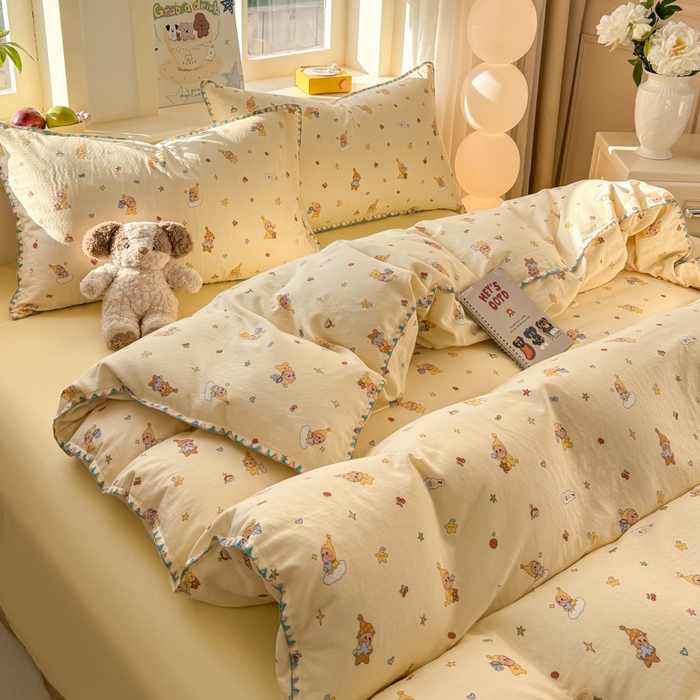 91家纺网 家纺一手货源 找家纺 对白 2026新款A类全棉纯棉有氧双层纱贝壳边三角针四件套 星星人