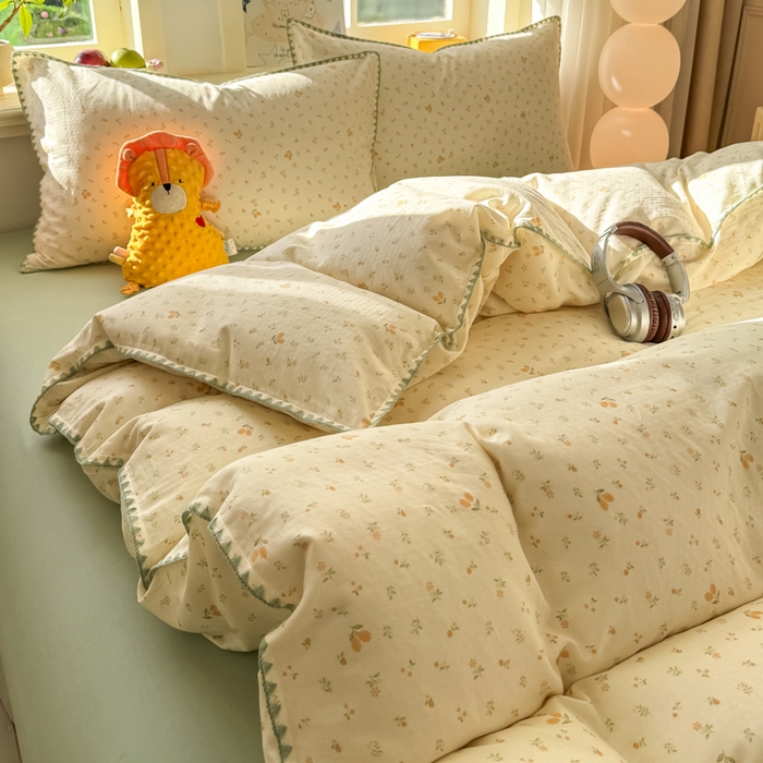 91家纺网 家纺一手货源 找家纺 对白 2026新款A类全棉纯棉有氧双层纱贝壳边三角针四件套 柠栀